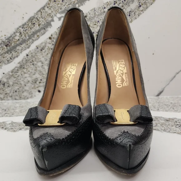 Ferragamo Vara Spectator Platform Pumps Gray Suede & Black Leather US 10, IT 40 - Picture 2 of 14